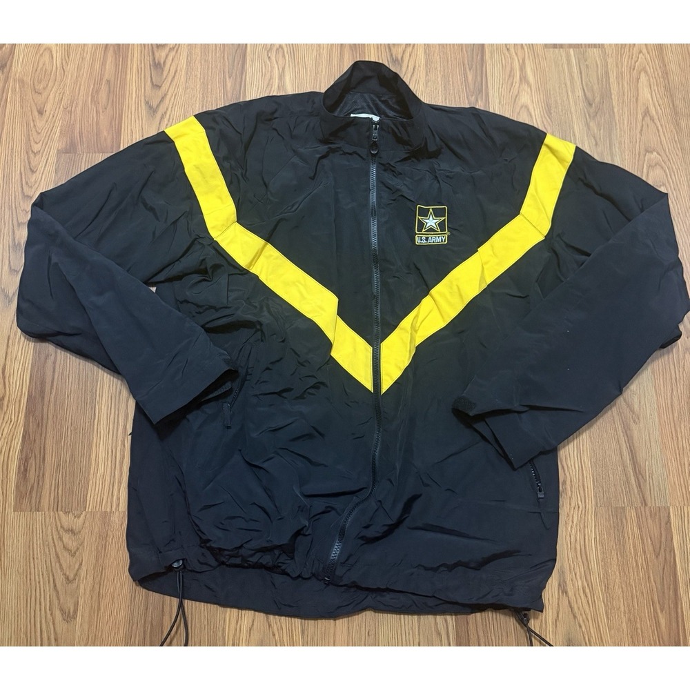 US Army APFU Jacket Large Long Black Gold Physical Fitness Windbreaker